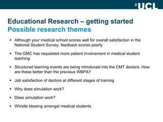 Educational Research – getting started
Possible research themes
 Although your medical school scores well for overall satisfaction in the
  National Student Survey, feedback scores poorly

 The GMC has requested more patient involvement in medical student
  teaching

 Structured learning events are being introduced into the CMT doctors. How
  are these better than the previous WBPA?

 Job satisfaction of doctors at different stages of training

 Why does simulation work?

 Does simulation work?

 Whistle blowing amongst medical students
 