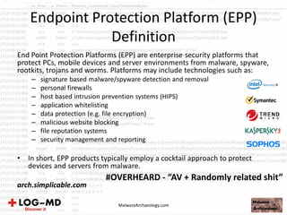 Endpoint Protection Platform (EPP)
Definition
End Point Protection Platforms (EPP) are enterprise security platforms that
protect PCs, mobile devices and server environments from malware, spyware,
rootkits, trojans and worms. Platforms may include technologies such as:
– signature based malware/spyware detection and removal
– personal firewalls
– host based intrusion prevention systems (HIPS)
– application whitelisting
– data protection (e.g. file encryption)
– malicious website blocking
– file reputation systems
– security management and reporting
• In short, EPP products typically employ a cocktail approach to protect
devices and servers from malware.
arch.simplicable.com
MalwareArchaeology.com
#OVERHEARD - “AV + Randomly related shit”
 