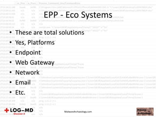 EPP - Eco Systems
• These are total solutions
• Yes, Platforms
• Endpoint
• Web Gateway
• Network
• Email
• Etc.
MalwareArchaeology.com
 