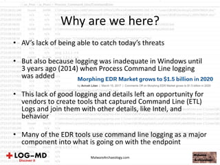 Why are we here?
• AV’s lack of being able to catch today’s threats
• But also because logging was inadequate in Windows until
3 years ago (2014) when Process Command Line logging
was added
• This lack of good logging and details left an opportunity for
vendors to create tools that captured Command Line (ETL)
Logs and join them with other details, like Intel, and
behavior
• Many of the EDR tools use command line logging as a major
component into what is going on with the endpoint
MalwareArchaeology.com
 
