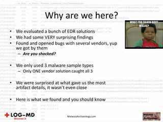 Why are we here?
• We evaluated a bunch of EDR solutions
• We had some VERY surprising findings
• Found and opened bugs with several vendors, yup
we got by them
– Are you shocked?
• We only used 3 malware sample types
– Only ONE vendor solution caught all 3
• We were surprised at what gave us the most
artifact details, it wasn’t even close
• Here is what we found and you should know
MalwareArchaeology.com
 