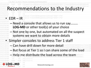 Recommendations to the Industry
• EDR – IR
– Need a console that allows us to run say………
LOG-MD or other tool(s) of your choice
– Not one by one, but automated on all the suspect
systems we want to obtain more details
• Simpler consoles to address Tier 1 staff
– Can have drill down for more detail
– But focus at Tier 1 so I can share some of the load
– Help me distribute the load across the team
MalwareArchaeology.com
 