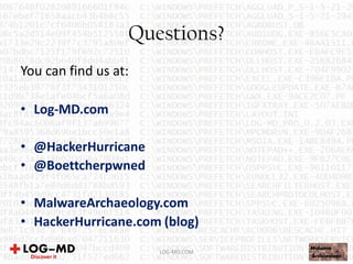 Questions?
LOG-MD.COM
You can find us at:
• Log-MD.com
• @HackerHurricane
• @Boettcherpwned
• MalwareArchaeology.com
• HackerHurricane.com (blog)
 