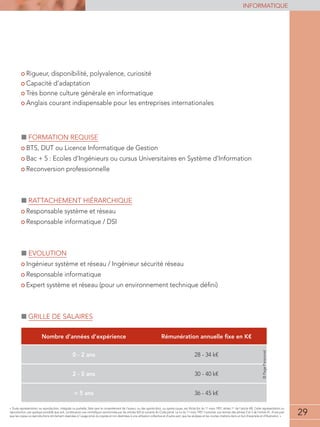29
informatique
29
« Toute représentation ou reproduction, intégrale ou partielle, faite sans le consentement de l'auteur, ou des ayants-droit, ou ayants-cause, est illicite (loi du 11 mars 1957, alinéa 1er
de l'article 40). Cette représentation ou
reproduction, par quelque procédé que soit, constituerait une contrefaçon sanctionnée par les articles 425 et suivants du Code pénal. La loi du 11 mars 1957 n'autorise, aux termes des alinéas 2 et 3 de l'article 41, d'une part
que les copies ou reproductions strictement réservées à l'usage privé du copiste et non destinées à une utilisation collective et d'autre part, que les analyses et les courtes citations dans un but d'exemple et d'illustration. »
• Rigueur, disponibilité, polyvalence, curiosité
• Capacité d’adaptation
• Très bonne culture générale en informatique
• Anglais courant indispensable pour les entreprises internationales
■■ Formation requise
• BTS, DUT ou Licence Informatique de Gestion
• Bac + 5 : Ecoles d’Ingénieurs ou cursus Universitaires en Système d’Information
• Reconversion professionnelle
■■ Rattachement hiérarchique
• Responsable système et réseau
• Responsable informatique / DSI
■■ Evolution
• Ingénieur système et réseau / Ingénieur sécurité réseau
• Responsable informatique
• Expert système et réseau (pour un environnement technique défini)
■■ Grille de salaires
Nombre d’années d’expérience Rémunération annuelle fixe en K€
0 - 2 ans 28 - 34 k€
2 - 5 ans 30 - 40 k€
 5 ans 36 - 45 k€
©PagePersonnel
 