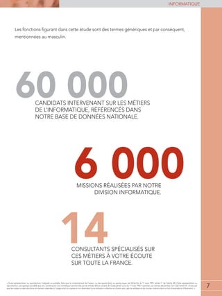 7
« Toute représentation ou reproduction, intégrale ou partielle, faite sans le consentement de l'auteur, ou des ayants-droit, ou ayants-cause, est illicite (loi du 11 mars 1957, alinéa 1er
de l'article 40). Cette représentation ou
reproduction, par quelque procédé que soit, constituerait une contrefaçon sanctionnée par les articles 425 et suivants du Code pénal. La loi du 11 mars 1957 n'autorise, aux termes des alinéas 2 et 3 de l'article 41, d'une part
que les copies ou reproductions strictement réservées à l'usage privé du copiste et non destinées à une utilisation collective et d'autre part, que les analyses et les courtes citations dans un but d'exemple et d'illustration. »
7
informatique
7
« Toute représentation ou reproduction, intégrale ou partielle, faite sans le consentement de l'auteur, ou des ayants-droit, ou ayants-cause, est illicite (loi du 11 mars 1957, alinéa 1er
de l'article 40). Cette représentation ou
reproduction, par quelque procédé que soit, constituerait une contrefaçon sanctionnée par les articles 425 et suivants du Code pénal. La loi du 11 mars 1957 n'autorise, aux termes des alinéas 2 et 3 de l'article 41, d'une part
que les copies ou reproductions strictement réservées à l'usage privé du copiste et non destinées à une utilisation collective et d'autre part, que les analyses et les courtes citations dans un but d'exemple et d'illustration. »
14consultants spécialisés sur
ces métiers à votre écoute
sur toute la France.
candidats intervenant sur les métiers
de l’Informatique, référencés dans
notre base de données nationale.
60 000
Les fonctions figurant dans cette étude sont des termes génériques et par conséquent,
mentionnées au masculin.
6 000missions réalisées par notre
division informatique.
 
