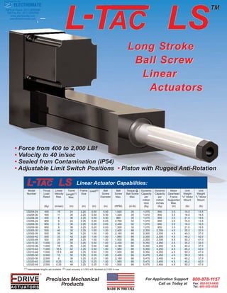 • Force from 400 to 2,000 LBf
• Velocity to 40 in/sec
• Sealed from Contamination (IP54)
• Adjustable Limit Switch Positions • Piston with Rugged Anti-Rotation
Long SLong Stroketroke
Ball ScrewBall Screw
LinearLinear
ActuatorsActuators
For Application Support
Call us Today at Fax: 860-953-0496
Tel: 860-953-0588
800-878-1157
Ball
Screw
Diameter
(in)
Linear Actuator Capabilities:
(1) Intermediate lengths are available. (2) Lead accuracy is 0.003 in/ft; Backlash is 0.004 in max.
Model
Number
Thrust
Load
Rated
(lbf)
Linear
Velocity
Max.
(in/sec)
Travel
Length(1)
Max.
(in)
Frame
Size
(in)
Lead(2)
(in)
Ball
Screw
Max.
(RPM)
Torque @
Ball Screw
Max.
(in-lb)
Dynamic
Capacity
per
million
inches
(lbf)
Motor
Gearhead
Frame
Supported
Max.
(in)
Unit
Weight
“U” Motor
Mount
(lb)
Unit
Weight
“L” Motor
Mount
(lb)
LS204-24 400 16 24 2.25 0.50 0.50 1,920 35 1,070 850 3.5 15.0 13.5
LS204-30 400 11 30 2.25 0.50 0.50 1,320 35 1,070 850 3.5 18.0 16.5
LS204-36 400 8 36 2.25 0.50 0.50 960 35 1,070 850 3.5 21.0 19.5
LS209-24 900 9 24 2.25 0.20 0.63 2,700 32 1,070 850 3.5 15.0 13.5
LS209-30 900 8 30 2.25 0.20 0.63 2,400 32 1,070 850 3.5 18.0 16.5
LS209-36 900 5 36 2.25 0.20 0.63 1,500 32 1,070 850 3.5 21.0 19.5
LS305-30 500 40 30 3.25 1.00 1.00 2,400 88 2,300 2,300 4.5 35.2 32.0
LS305-36 500 36 36 3.25 1.00 1.00 2,160 88 2,300 2,300 4.5 40.2 37.0
LS305-42 500 33 42 3.25 1.00 1.00 1,980 88 2,300 2,300 4.5 45.2 42.0
LS305-48 500 25 48 3.25 1.00 1.00 1,500 88 2,300 2,300 4.5 50.2 47.0
LS310-30 1,000 20 30 3.25 0.50 1.00 2,400 88 5,350 4,250 4.5 35.2 32.0
LS310-36 1,000 18 36 3.25 0.50 1.00 2,160 88 5,350 4,250 4.5 40.2 37.0
LS310-42 1,000 16.5 42 3.25 0.50 1.00 1,980 88 5,350 4,250 4.5 45.2 42.0
LS310-48 1,000 12.5 48 3.25 0.50 1.00 1,500 88 5,350 4,250 4.5 50.2 47.0
LS320-30 2,000 10 30 3.25 0.25 1.00 2,400 88 5,475 3,450 4.5 35.2 32.0
LS320-36 2,000 9 36 3.25 0.25 1.00 2,160 88 5,475 3,450 4.5 40.2 37.0
LS320-42 2,000 8.25 42 3.25 0.25 1.00 1,980 88 5,475 3,450 4.5 45.2 42.0
LS320-48 2,000 6.25 48 3.25 0.25 1.00 1,500 88 5,475 3,450 4.5 50.2 47.0
Dynamic
Capacity
per
million
revs
(lbf)
Precision Mechanical
Products
A C T U ATO R S
®
DRIVE
ELECTROMATE
Toll Free Phone (877) SERVO98
Toll Free Fax (877) SERV099
www.electromate.com
sales@electromate.com
Sold & Serviced By:
 
