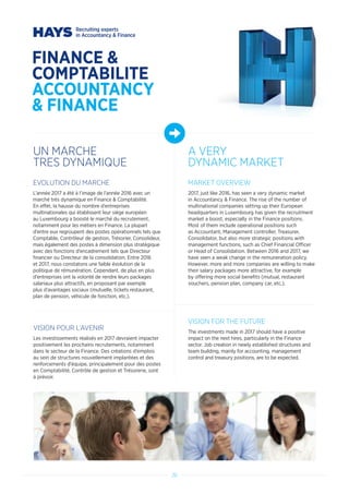 26
FINANCE 
COMPTABILITE
ACCOUNTANCY
 FINANCE
UN MARCHE
TRES DYNAMIQUE
A VERY
DYNAMIC MARKET
EVOLUTION DU MARCHE
L’année 2017 a été à l’image de l’année 2016 avec un
marché très dynamique en Finance  Comptabilité.
En effet, la hausse du nombre d’entreprises
multinationales qui établissent leur siège européen
au Luxembourg a boosté le marché du recrutement,
notamment pour les métiers en Finance. La plupart
d’entre eux regroupent des postes opérationnels tels que
Comptable, Contrôleur de gestion, Trésorier, Consolideur,
mais également des postes à dimension plus stratégique
avec des fonctions d’encadrement tels que Directeur
financier ou Directeur de la consolidation. Entre 2016
et 2017, nous constatons une faible évolution de la
politique de rémunération. Cependant, de plus en plus
d’entreprises ont la volonté de rendre leurs packages
salariaux plus attractifs, en proposant par exemple
plus d’avantages sociaux (mutuelle, tickets restaurant,
plan de pension, véhicule de fonction, etc.).
VISION POUR L’AVENIR
Les investissements réalisés en 2017 devraient impacter
positivement les prochains recrutements, notamment
dans le secteur de la Finance. Des créations d’emplois
au sein de structures nouvellement implantées et des
renforcements d’équipe, principalement pour des postes
en Comptabilité, Contrôle de gestion et Trésorerie, sont
à prévoir.
MARKET OVERVIEW
2017, just like 2016, has seen a very dynamic market
in Accountancy  Finance. The rise of the number of
multinational companies setting up their European
headquarters in Luxembourg has given the recruitment
market a boost, especially in the Finance positions.
Most of them include operational positions such
as Accountant, Management controller, Treasurer,
Consolidator, but also more strategic positions with
management functions, such as Chief Financial Officer
or Head of Consolidation. Between 2016 and 2017, we
have seen a weak change in the remuneration policy.
However, more and more companies are willing to make
their salary packages more attractive, for example
by offering more social benefits (mutual, restaurant
vouchers, pension plan, company car, etc.).
VISION FOR THE FUTURE
The investments made in 2017 should have a positive
impact on the next hires, particularly in the Finance
sector. Job creation in newly established structures and
team building, mainly for accounting, management
control and treasury positions, are to be expected.
 