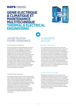 28
GENIE ELECTRIQUE
 CLIMATIQUE ET
MAINTENANCE
MULTITECHNIQUE
THERMAL  ELECTRICAL
ENGINEERING
UN SECTEUR EN
PLEINE CROISSANCE
A GROWING
SECTOR
EVOLUTION DU MARCHE
Dans la dynamique de l’année précédente, le secteur
du Génie électrique et climatique se porte très bien.
Avec la loi du 1er
janvier obligeant les nouvelles
constructions des bâtiments d’habitation à baisser
drastiquement leur consommation d’énergie, les
entreprises du marché recherchent de plus en plus des
profils possédant des compétences en énergétique.
Le Luxembourg attire les jeunes diplômés des pays
voisins souhaitant rejoindre un marché dynamique.
Les salaires restent stables, sauf pour certains profils
pénuriques comme l’Ingénieur HVAC (Heating Ventilation
Air-Conditioning) ou le Dessinateur-projeteur en
électricité. Pour ces métiers, la maîtrise de l’allemand,
en plus du français, est un atout indéniable et reste
très recherchée par les entreprises.
VISION POUR L’AVENIR
De nombreux projets amorcés en 2017 se poursuivront
ces prochaines années. Parmi eux, on compte les travaux
dans la zone de la Cloche d’Or (Centre commercial
Auchan, nouveau bâtiment Deloitte et Alter Domus),
l’extension de la ligne de Tramway ainsi que la remise à
niveau du nouveau bâtiment Konrad Adenauer. La zone
du Ban de Gasperich est en pleine construction :
édification d’un nouveau stade et du projet
Royal-Hamilius dans le centre-ville de Luxembourg.
De nouveaux projets ambitieux devraient voir le jour
courant 2018 et consolider davantage le secteur au
Luxembourg.
MARKET OVERVIEW
In line with the dynamics of the previous year, the
thermal and electrical engineering sector is doing very
well. With the law of the 1st of January forcing new
construction of residential buildings to drastically lower
their energy consumption, companies on the market
are looking for more and more profiles with expertise
in energy. Luxembourg is attracting young graduates
from neighboring countries wishing to join a dynamic
market. Salaries remain stable, except for some profiles
that are scarce such as HVAC (Heating Ventilation
Air-Conditioning) engineer or the Draftsman-designer
in electricity. For these positions, fluency in German, in
addition to French, is an undeniable asset and remains
highly sought-after by companies.
VISION FOR THE FUTURE
Many projects initiated in 2017 will continue in the
coming years. Among them are the works in the area of
La Cloche d’Or (Auchan shopping center, new Deloitte
building and Alter Domus), the extension of the Tramway
line and the refurbishment of the new Konrad Adenauer
building. The Ban de Gasperich area is under construction
(new stadium edification and the Royal-Hamilius project
in Luxembourg’s city-centre). Some ambitious new
projects should emerge in 2018 and further consolidate
the sector in Luxembourg.
 