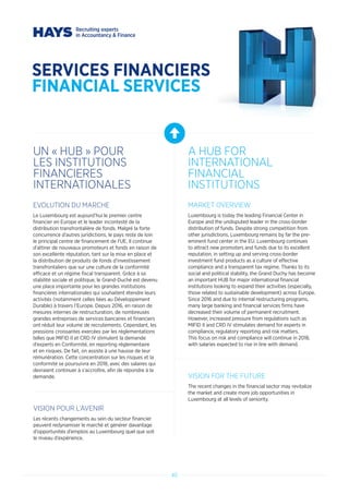 4040
SERVICES FINANCIERS
FINANCIAL SERVICES
UN « HUB » POUR
LES INSTITUTIONS
FINANCIERES
INTERNATIONALES
A HUB FOR
INTERNATIONAL
FINANCIAL
INSTITUTIONS
EVOLUTION DU MARCHE
Le Luxembourg est aujourd’hui le premier centre
financier en Europe et le leader incontesté de la
distribution transfrontalière de fonds. Malgré la forte
concurrence d’autres juridictions, le pays reste de loin
le principal centre de financement de l’UE. Il continue
d’attirer de nouveaux promoteurs et fonds en raison de
son excellente réputation, tant sur la mise en place et
la distribution de produits de fonds d’investissement
transfrontaliers que sur une culture de la conformité
efficace et un régime fiscal transparent. Grâce à sa
stabilité sociale et politique, le Grand-Duché est devenu
une place importante pour les grandes institutions
financières internationales qui souhaitent étendre leurs
activités (notamment celles liées au Développement
Durable) à travers l’Europe. Depuis 2016, en raison de
mesures internes de restructuration, de nombreuses
grandes entreprises de services bancaires et financiers
ont réduit leur volume de recrutements. Cependant, les
pressions croissantes exercées par les réglementations
telles que MIFID II et CRD IV stimulent la demande
d’experts en Conformité, en reporting réglementaire
et en risques. De fait, on assiste à une hausse de leur
rémunération. Cette concentration sur les risques et la
conformité se poursuivra en 2018, avec des salaires qui
devraient continuer à s’accroître, afin de répondre à la
demande.
VISION POUR L’AVENIR
Les récents changements au sein du secteur financier
peuvent redynamiser le marché et générer davantage
d’opportunités d’emplois au Luxembourg quel que soit
le niveau d’expérience.
MARKET OVERVIEW
Luxembourg is today the leading Financial Center in
Europe and the undisputed leader in the cross-border
distribution of funds. Despite strong competition from
other jurisdictions, Luxembourg remains by far the pre-
eminent fund center in the EU. Luxembourg continues
to attract new promoters and funds due to its excellent
reputation, in setting up and serving cross-border
investment fund products as a culture of effective
compliance and a transparent tax regime. Thanks to its
social and political stability, the Grand Duchy has become
an important HUB for major international financial
institutions looking to expand their activities (especially,
those related to sustainable development) across Europe.
Since 2016 and due to internal restructuring programs,
many large banking and financial services firms have
decreased their volume of permanent recruitment.
However, increased pressure from regulations such as
MIFID II and CRD IV stimulates demand for experts in
compliance, regulatory reporting and risk matters.
This focus on risk and compliance will continue in 2018,
with salaries expected to rise in line with demand.
VISION FOR THE FUTURE
The recent changes in the financial sector may revitalize
the market and create more job opportunities in
Luxembourg at all levels of seniority.
 