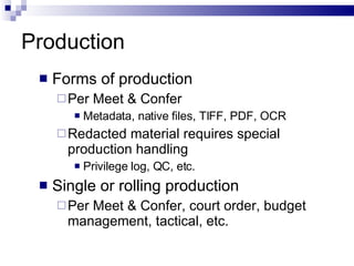 Production Forms of production  Per Meet & Confer Metadata, native files, TIFF, PDF, OCR Redacted material requires special production handling  Privilege log, QC, etc. Single or rolling production  Per Meet & Confer, court order, budget management, tactical, etc. 