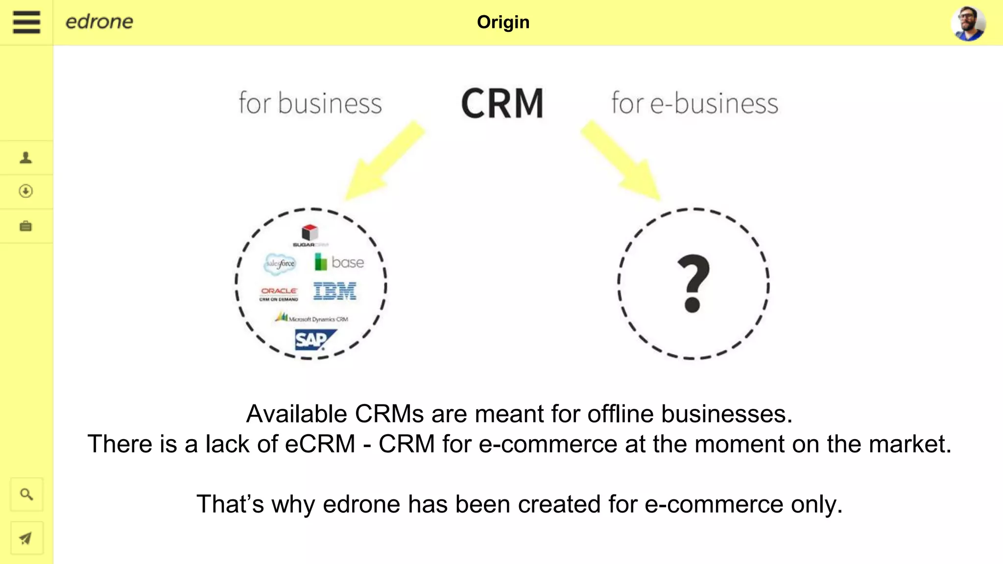 Origin
Available CRMs are meant for offline businesses.
There is a lack of eCRM - CRM for e-commerce at the moment on the market.
That’s why edrone has been created for e-commerce only.