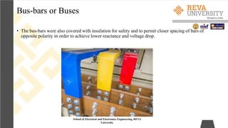 Bus-bars or Buses
School of Electrical and Electronics Engineering, REVA
University
• The bus-bars were also covered with insulation for safety and to permit closer spacing of bars of
opposite polarity in order to achieve lower reactance and voltage drop.
 