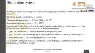Distribution system
Distribution system is a part of power system, existing between distribution substations and
consumers.
It is further classified on the basis of voltage
Primary distribution system- 11 KV or 6.6 KV or 3.3 KV
Secondary distribution system- 415 V or 230 V
Classification Of Distribution System: It can be classified under different considerations as; 1. Type
Of Current: a) AC Distribution System b) DC Distribution System
2. Type Of Construction: a) Overhead System b) Underground System
3. Type Of Service: a) General Lighting & Power b) Industrial Power c) Railway d) Streetlight etc
4. Number Of Wires: a) Two Wire b) Three Wire c) Four Wire
5. Scheme Of Connection: a) Radial Distribution System b) Ring or Loop Distribution System c)
Interconnected Distribution System
School of Electrical and Electronics Engineering, REVA
University
 
