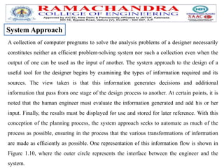 System Approach
A collection of computer programs to solve the analysis problems of a designer necessarily
constitutes neither an efficient problem-solving system nor such a collection even when the
output of one can be used as the input of another. The system approach to the design of a
useful tool for the designer begins by examining the types of information required and its
sources. The view taken is that this information generates decisions and additional
information that pass from one stage of the design process to another. At certain points, it is
noted that the human engineer must evaluate the information generated and add his or her
input. Finally, the results must be displayed for use and stored for later reference. With this
conception of the planning process, the system approach seeks to automate as much of the
process as possible, ensuring in the process that the various transformations of information
are made as efficiently as possible. One representation of this information flow is shown in
Figure 1.10, where the outer circle represents the interface between the engineer and the
system.
 