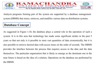 Analysis programs forming part of the system are supported by a database management
system (DBMS) that stores, retrieves, and modifies various data on distribution systems.
Database Concept
As suggested in Figure 1.10, the database plays a central role in the operation of such a
system. It is in this area that technology has made some significant strides in the past 5
years so that not only is it possible to store vast quantities of data economically, but it is
also possible to retrieve desired data with access times on the order of seconds. The DBMS
provides the interface between the process that requires access to the data and the data
themselves. The particular organization that is likely to emerge as the dominant one in the
near future is based on the idea of a relation. Operations on the database are performed by
the DBMS.
 