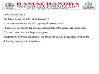 Utility of Load Curve
The following are the utility of the load curve.
•Load curve decides the installed capacity of a power station.
• It is helpful in choosing the most economical sizes of the various generating units.
•The load curve estimates the generating cost.
•It decides the operating schedules of the power station, i.e., the sequence in which the
different generating units should run.
 