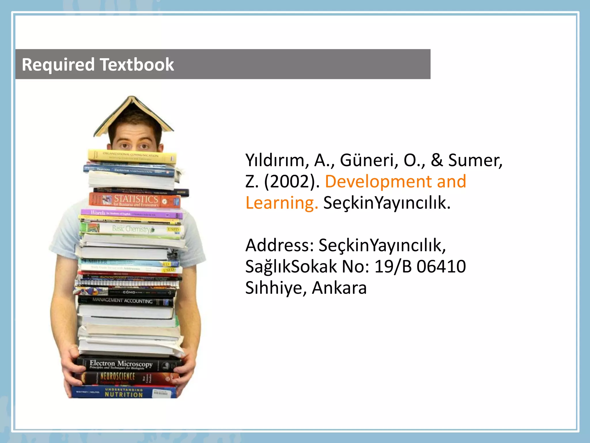 Required Textbook



                    Yıldırım, A., Güneri, O., & Sumer,
                    Z. (2002). Development and
                    Learning. SeçkinYayıncılık.

                    Address: SeçkinYayıncılık,
                    SağlıkSokak No: 19/B 06410
                    Sıhhiye, Ankara
 