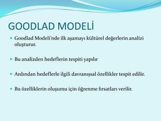 GOODLAD MODELİ
 Goodlad Modeli’nde ilk aşamayı kültürel değerlerin analizi
  oluşturur.

 Bu analizden hedeflerin tespiti yapılır


 Ardından hedeflerle ilgili davranışsal özellikler tespit edilir.


 Bu özelliklerin oluşumu için öğrenme fırsatları verilir.
 