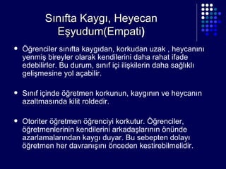 Sınıfta Kaygı, Heyecan Eşyudum(Empati ) Öğrenciler sınıfta kaygıdan, korkudan uzak , heycanını yenmiş bireyler olarak kendilerini daha rahat ifade edebilirler. Bu durum, sınıf içi ilişkilerin daha sağlıklı gelişmesine yol açabilir. Sınıf içinde öğretmen korkunun, kaygının ve heycanın azaltmasında kilit roldedir. Otoriter öğretmen öğrenciyi korkutur. Öğrenciler, öğretmenlerinin kendilerini arkadaşlarının önünde azarlamalarından kaygı duyar. Bu sebepten dolayı öğretmen her davranışını önceden kestirebilmelidir. 