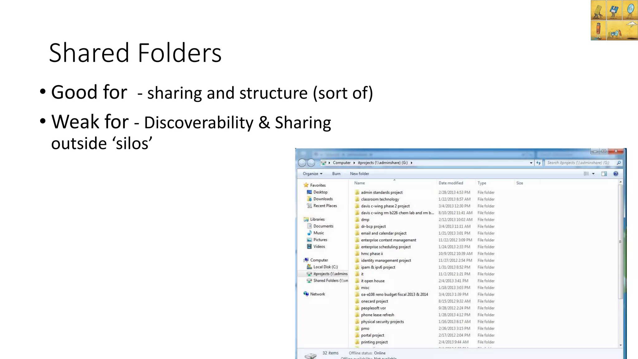 Shared Folders
• Good for - sharing and structure (sort of)
• Weak for - Discoverability & Sharing
outside ‘silos’
 