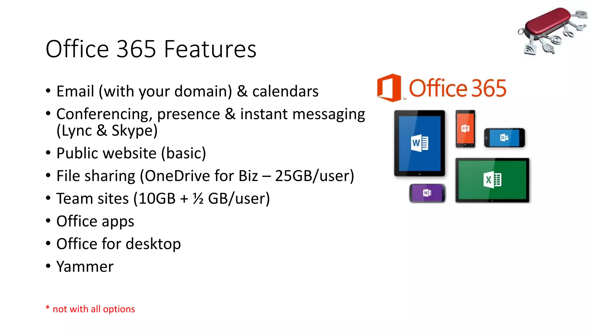 Office 365 Features
• Email (with your domain) & calendars
• Conferencing, presence & instant messaging
(Lync & Skype)
• Public website (basic)
• File sharing (OneDrive for Biz – 25GB/user)
• Team sites (10GB + ½ GB/user)
• Office apps
• Office for desktop
• Yammer
* not with all options
 