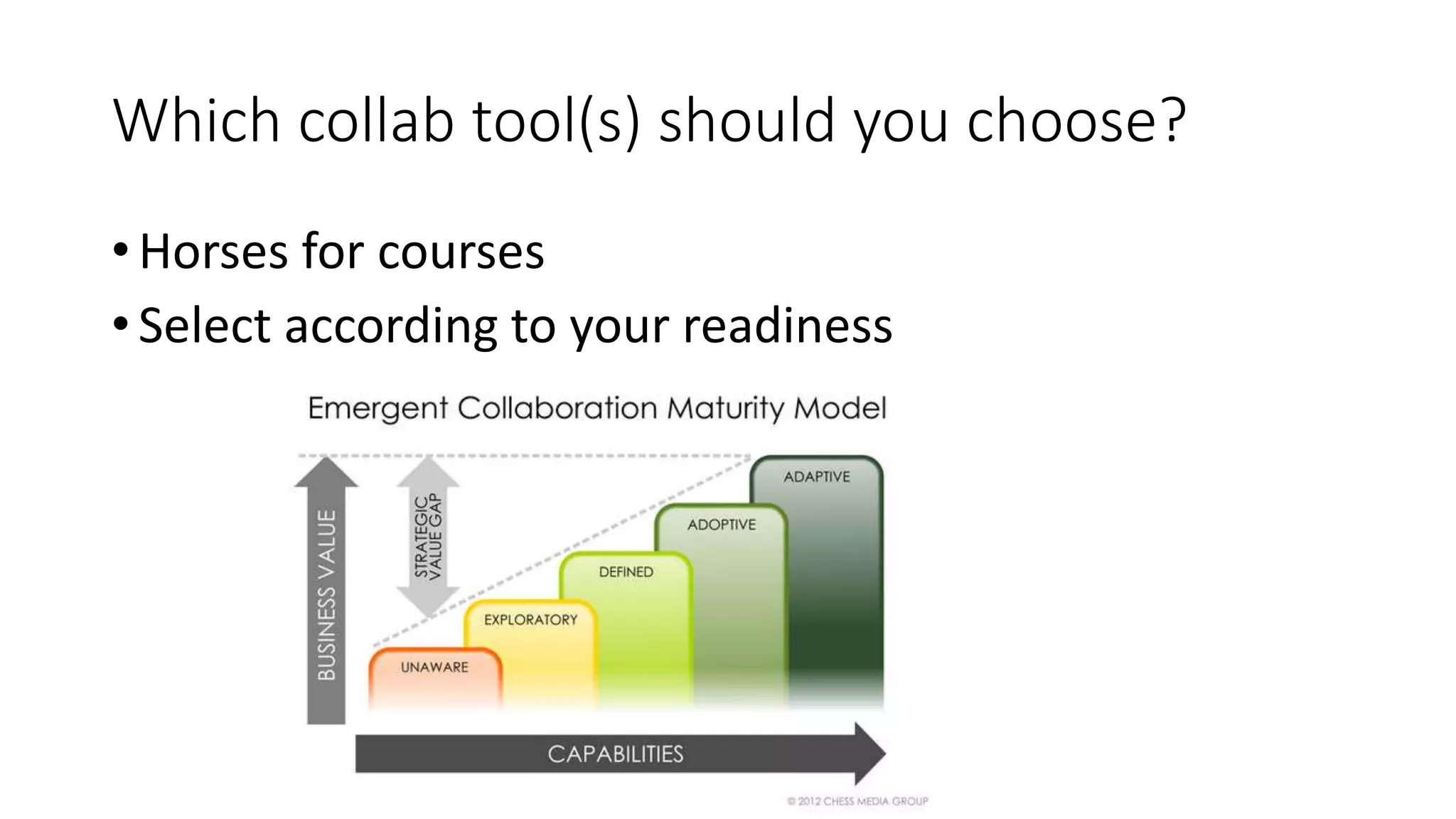 Which collab tool(s) should you choose?
• Horses for courses
• Select according to your readiness
 
