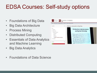 EDSA Courses: Self-study options
• Foundations of Big Data
• Big Data Architecture
• Process Mining
• Distributed Computing
• Essentials of Data Analytics
and Machine Learning
• Big Data Analytics
• Foundations of Data Science
 