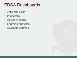EDSA Dashboards
• Jobs and skills
• Interviews
• Advisory board
• Learning analytics
• Available courses
 
