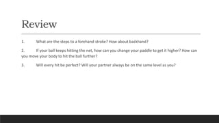 Review
1. What are the steps to a forehand stroke? How about backhand?
2. If your ball keeps hitting the net, how can you change your paddle to get it higher? How can
you move your body to hit the ball further?
3. Will every hit be perfect? Will your partner always be on the same level as you?
 