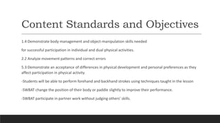 Content Standards and Objectives
1.4 Demonstrate body management and object-manipulation skills needed
for successful participation in individual and dual physical activities.
2.2 Analyze movement patterns and correct errors
5.3 Demonstrate an acceptance of differences in physical development and personal preferences as they
affect participation in physical activity
-Students will be able to perform forehand and backhand strokes using techniques taught in the lesson
-SWBAT change the position of their body or paddle slightly to improve their performance.
-SWBAT participate in partner work without judging others’ skills.
 