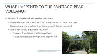 WHAT HAPPENED TO THE SANTIAGO PEAK
VOLCANO?
 Answer: It weathered and eroded over time
 Over millions of years, wind and rain caused the rock to be broken down
 It was ground into small particles that eventually turned into sand
 Rain water carried it down the mountain
 The water flowed down into Santiago Creek
 Santiago Creek goes through Irvine Regional Park
13
https://www.tripadvisor.ca/LocationPhotoDirectLink-g32825-d269435-
i45950668-Irvine_Regional_Park-Orange_California.html
 