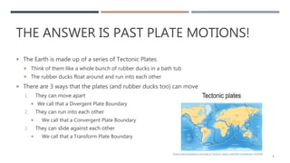 THE ANSWER IS PAST PLATE MOTIONS!
 The Earth is made up of a series of Tectonic Plates
 Think of them like a whole bunch of rubber ducks in a bath tub
 The rubber ducks float around and run into each other
 There are 3 ways that the plates (and rubber ducks too) can move
1. They can move apart
 We call that a Divergent Plate Boundary
2. They can run into each other
 We call that a Convergent Plate Boundary
3. They can slide against each other
 We call that a Transform Plate Boundary
8
https://www.thoughtco.com/map-of-tectonic-plates-and-their-boundaries-1441098
 