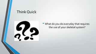 Think Quick
• What do you do everyday that requires
the use of your skeletal system?
 