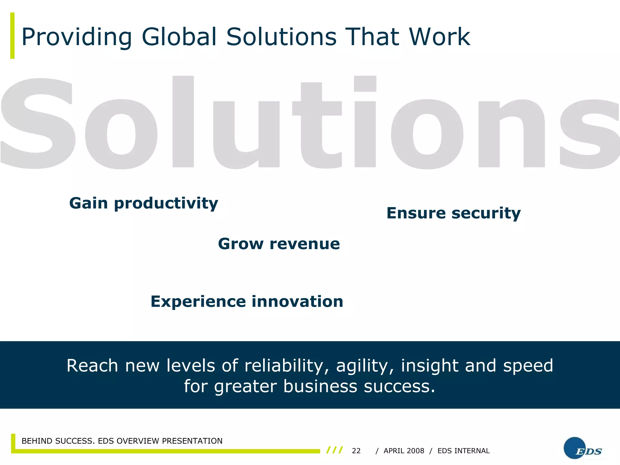 Providing Global Solutions That Work Solutions Reach new levels of reliability, agility, insight and speed for greater business success. Gain productivity Experience innovation Grow revenue Ensure security 