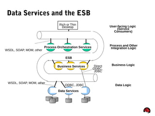 19
Data Services and the ESB
User-facing Logic
(Service
Consumers)
Business Logic
Data Logic
Process and Other
Integration Logic
Rich or Thin
Desktop
Process, Integraion Services
Business Services
ESB
Direct
ODBC,
JDBC
ODBC, JDBC
WSDL, SOAP, MOM, other
WSDL, SOAP, MOM, other
Process Orchestration Services
Data Services
 