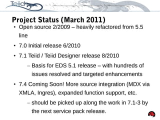 26
Project Status (March 2011)
• Open source 2/2009 – heavily refactored from 5.5
line
• 7.0 Initial release 6/2010
• 7.1 Teiid / Teiid Designer release 8/2010
– Basis for EDS 5.1 release – with hundreds of
issues resolved and targeted enhancements
• 7.4 Coming Soon! More source integration (MDX via
XMLA, Ingres), expanded function support, etc.
– should be picked up along the work in 7.1-3 by
the next service pack release.
 