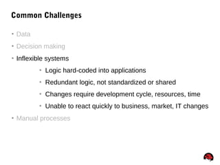 34
Common Challenges
 Data
 Decision making
 Inflexible systems
 Logic hard-coded into applications
 Redundant logic, not standardized or shared
 Changes require development cycle, resources, time
 Unable to react quickly to business, market, IT changes
 Manual processes
 