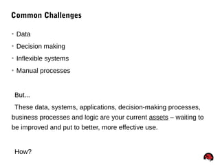 36
Common Challenges
 Data
 Decision making
 Inflexible systems
 Manual processes
But...
These data, systems, applications, decision-making processes,
business processes and logic are your current assets – waiting to
be improved and put to better, more effective use.
How?
 