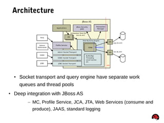 50
Architecture
• Socket transport and query engine have separate work
queues and thread pools
• Deep integration with JBoss AS
– MC, Profile Service, JCA, JTA, Web Services (consume and
produce), JAAS, standard logging
 