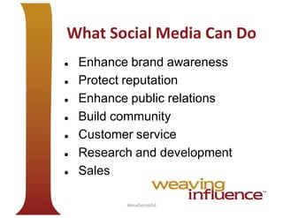 What Social Media Can Do








Enhance brand awareness
Protect reputation
Enhance public relations
Build community
Customer service
Research and development
Sales
#dmaDetroitEd

 
