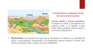 • Depresiones. Son terrenos más bajos que los alrededores. El cambio en la velocidad del
viento es marcadamente incrementado si las depresiones pueden encausar el viento. Esta
clasificación incluye valles, cañones, cuencas y desfiladeros.
Característica a pequeña escala
de un terreno no plano
Terreno aislado y terreno montañoso.
El primero se refiere a características de
pequeña escala, y el segundo a gran
escala. Flujo a pequeña escala se refiere a
elevaciones y depresiones.
 