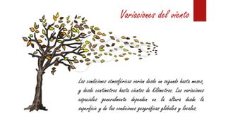 Variaciones del viento
Las condiciones atmosféricas varían desde un segundo hasta meses,
y desde centímetros hasta cientos de kilómetros. Las variaciones
espaciales generalmente dependen en la altura desde la
superficie y de las condiciones geográficas globales y locales.
 