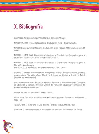 X. Bibliografía
CESIP 1995. “Cataplún Chimpún” (CD) Canción de Norma Alvisuri.
MINEDU-DEI 2008 Propuesta Pedagógica de Educación Inicial – Guía Curricular.
MINEDU Diseño Curricular Nacional de Educación Básica Regular 2009. Resumen, págs. 64
a la 67.
MINEDU - DITOE, 2008 Lineamientos Educativos y Orientaciones Pedagógicas para la
Educación Sexual Integral. Lima: Ministerio de Educación.
MINEDU - DITOE 2008 Lineamientos Educativos y Orientaciones Pedagógicas para la
Educación Sexual Integral
Iglesias, M. 2005 Me conozco, me quiero, me cuido. CESIP - Lima.
Jaramillo C. 2003 La educación sexual de la primera infancia. Guía para madres, padres y
profesorado de Educación Infantil Ministerio de Educación, Cultura y Deporte – Madrid
(resumen del texto original).
Junta de Andalucía, 2007. “Educación Afectivo – Sexual en la Educación Infantil”. Consejería
de Educación y Ciencias. Dirección General de Evaluación Educativa y Formación del
Profesorado. Material didáctico.
Lagarde, M. 1997 “La sexualidad”, México, UNAM.
Ministerio de Educación, 2002 Programa Nacional de Lenguas y Culturas en la Educación;
Págs. 8 y 9
Spitz, R. 1961 El primer año de vida del niño. Fondo de Cultura, México, 1961
Winnicott, D. 1993 Los procesos de maduración y el ambiente facilitador. Bs. As. Paidós.

114

 
