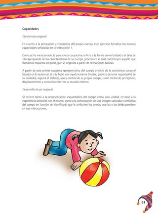 Capacidades
Conciencia corporal
En cuanto a la percepción y conciencia del propio cuerpo, este ejercicio fortalece las mismas
capacidades señaladas en la Interacción 1.
Como se ha mencionado, la conciencia corporal se refiere a la forma como la bebé o el bebé se
van apropiando de las características de su cuerpo, proceso en el cual constituyen aquello que
llamamos es­ uema corporal, que se organiza a partir de sensaciones básicas.
q
A partir de este primer esquema representativo del cuerpo o inicio de la conciencia corporal
basada en lo sensorial; el o la bebé, con ayuda externa (madre, padre o persona responsable de
su cuidado), logrará el disfrute, uso y control de su propio cuerpo, como medio de percepción,
desplazamiento y comunicación con su mundo externo.
Desarrollo de yo corporal
Se refiere tanto a la representación esquemática del cuerpo como una unidad, en base a la
experiencia sensorial con el mismo, como a la construcción de una imagen valorada y simbólica
del cuerpo en función del significado que le atribuyen los demás, que las y los bebés perciben
en sus interacciones.

61

 