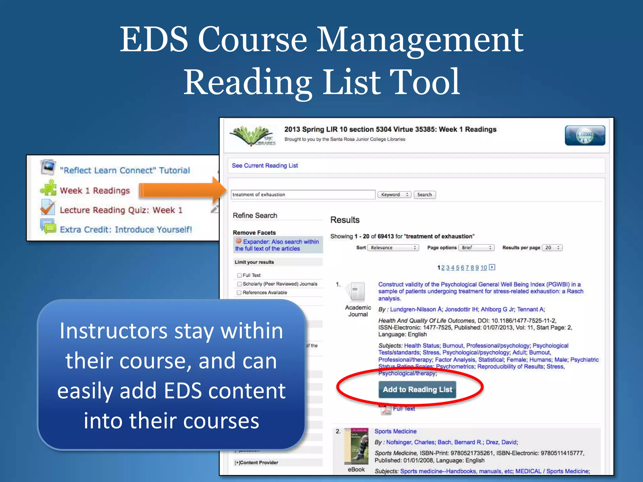 EDS Course Management
Reading List Tool
Instructors stay within
their course, and can
easily add EDS content
into their courses
 