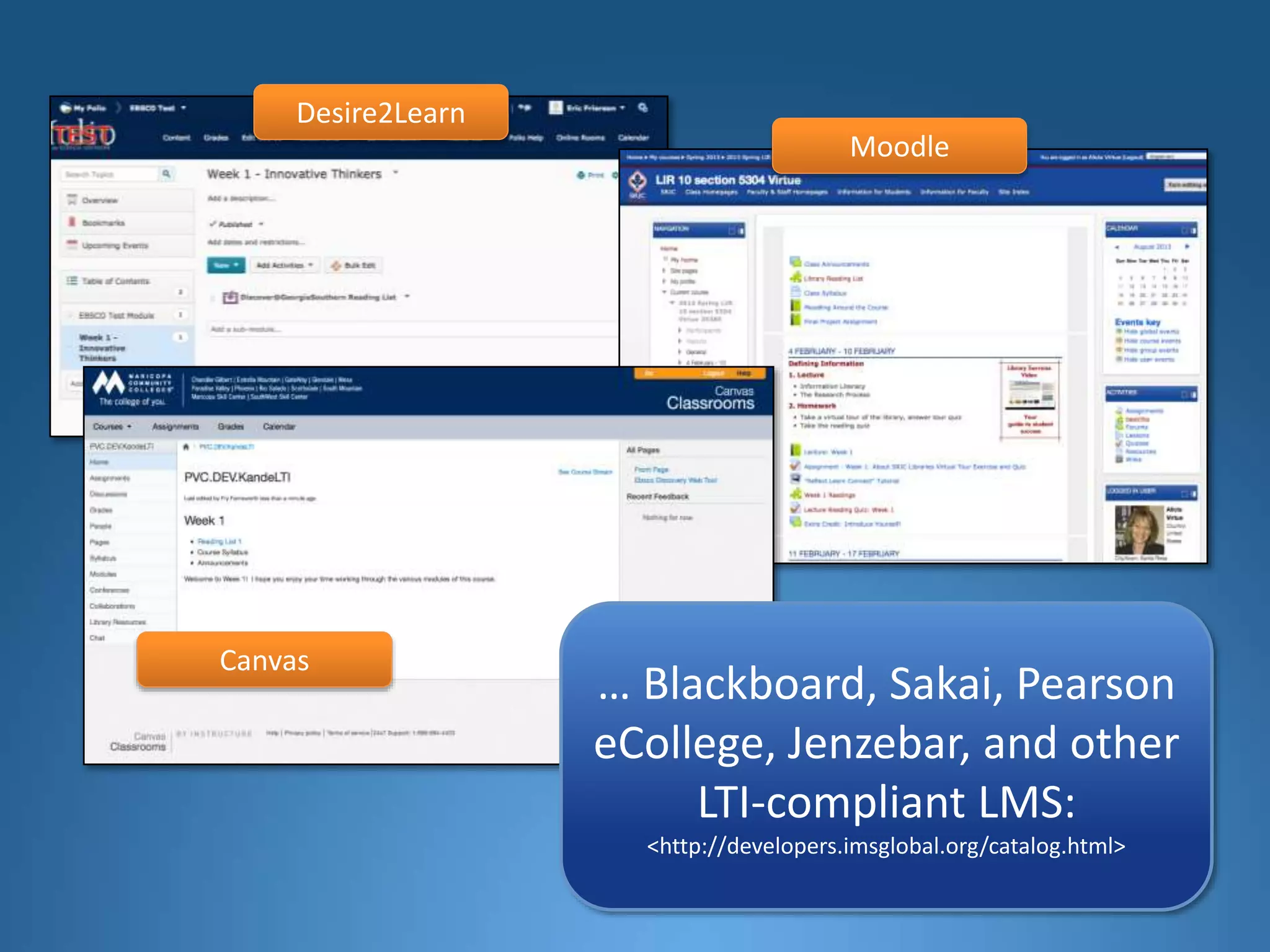 Desire2Learn
Moodle
Canvas
… Blackboard, Sakai, Pearson
eCollege, Jenzebar, and other
LTI-compliant LMS:
<http://developers.imsglobal.org/catalog.html>
 