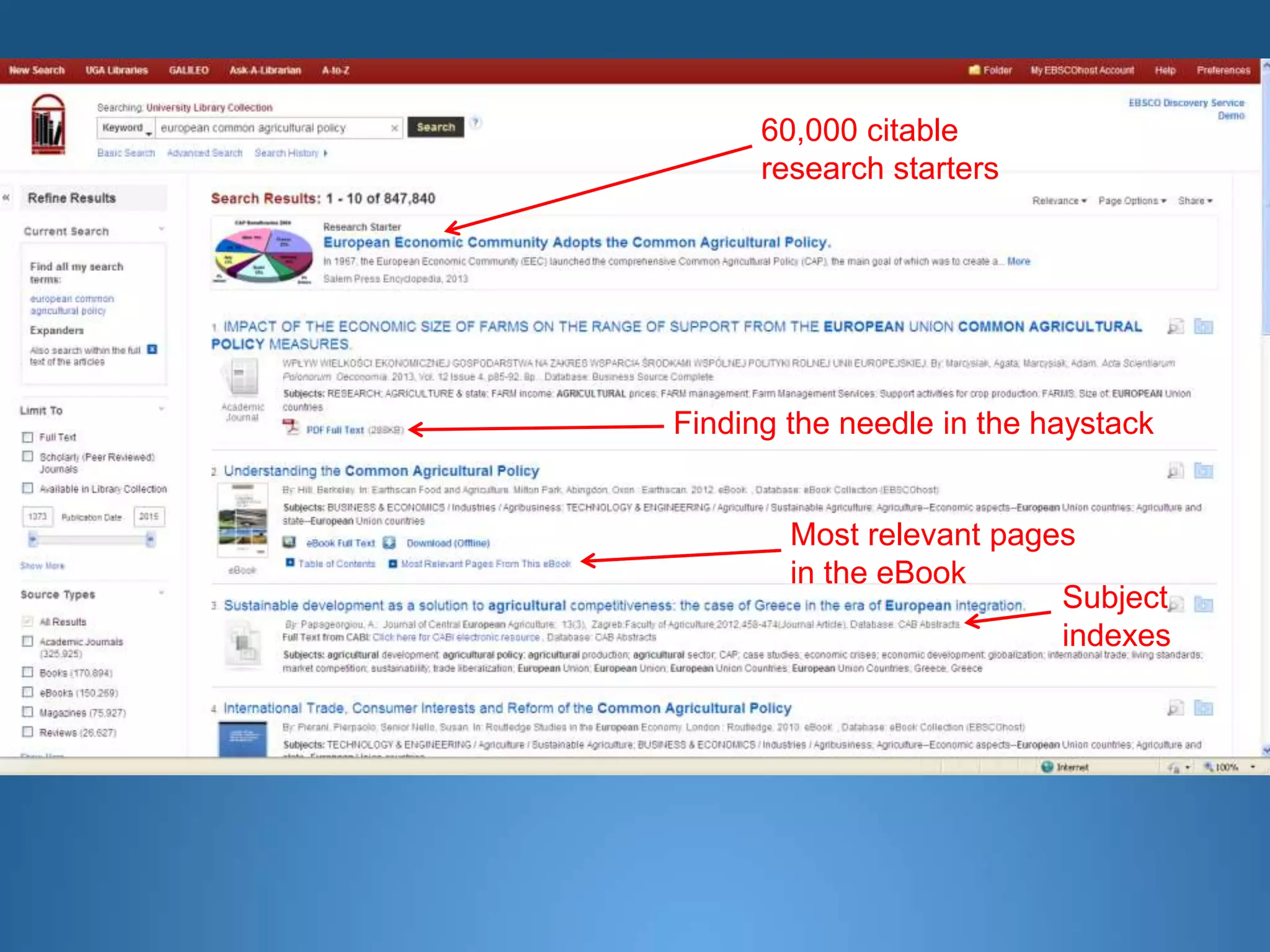 Most relevant pages
in the eBook
60,000 citable
research starters
Finding the needle in the haystack
Subject
indexes
 