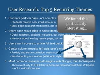 User Research: Top 5 Recurring Themes
1. Students perform basic, not complex searches
• Students receive only small amount of information literacy training
• Most begin research from home, not in library/with librarian
2. Users scan result titles to select item(s) for detailed viewing
• Detail (abstract, subjects) valuable, but won’t click for it
• Nervous about leaving results page, not comfortable they’d get back
3. Users want access to article full text quickly; images are appealing
4. Center column (results list) gets user’s most attention
• Anxiety and some confusion, users scan looking for familiar words
• Want orienting summaries (Wikipedia style) for their topic
5. Most common research path begins with Google, then to Wikipedia
• Then eventually to EBSCOhost because professor told them Wikipedia
is not a valid/cite source
We found this
particularly
interesting…
 
