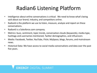 Radian6 Listening Platform
• Intelligence about online conversations is critical. We need to know what’s being
said about ...