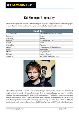 Ed Sheeran Biography
Edward Christopher "Ed" Sheeran is a famous English singer and songwriter. Check out this biography
to know about his childhood, family life, achievements and other facts related to his life.
Quick Facts
Also Known As Edward Christopher "Ed" Sheeran
Famous as Singer
Nationality British
Born on 17 February 1991 AD
Height 1.73 m
Zodiac Sign Aquarius
Born in Hebden Bridge, United Kingdom
Father John Sheeran
Mother Imogen Sheeran
Siblings Matthew Sheeran
Net worth $84 million as of Mar 6, 2017
Edward Christopher "Ed" Sheeran is a famous English singer and songwriter, who has won the hearts of
people all over the world with his melodic voice. He is an occasional rapper and actor as well. His
popularity increased especially after the release of his first album ‘+’ and after a guest appearance was
made by him on Taylor Swift's fourth studio album 'Red.’ He began recording music in 2004. His first
work 'Spinning Man' was released independently. After moving to London from Suffolk in 2008, he
used to play in small venues and also released the EP ‘You Need me’ in 2009. While in London, he also
www.thefamouspeople.com Page 1 / 4
 